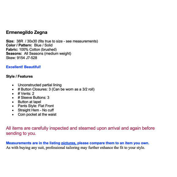 Ermenegildo Zegna 36 - 38R 30x30 Blue Brushed Cotton Suit Unconstructed 3/2 Roll - Picture 6 of 14